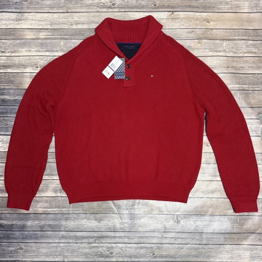 Tommy Hilfiger Red Knit Shawl Collar 2 Button Neckline Pullover Sweater XXL New